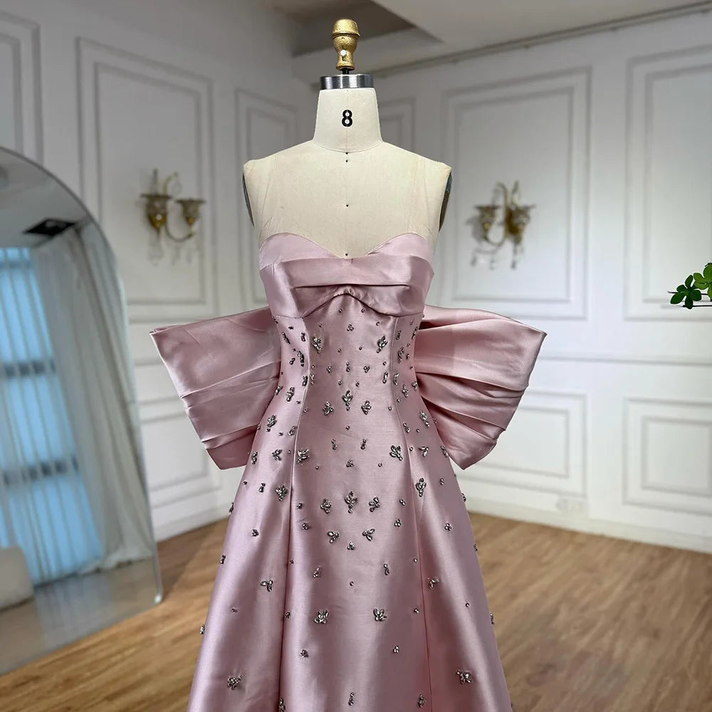 Pink Satin Strapless Mermaid Evening Dress with Big Bow LA72414B