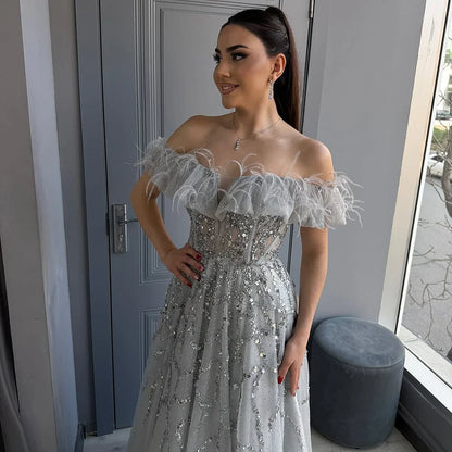 Luxury Turquoise Beaded Feather A Line Evening Dress LA71328