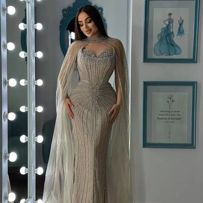 Luxury Dubai Caramel Beaded Evening Dress With Cape LA72811C