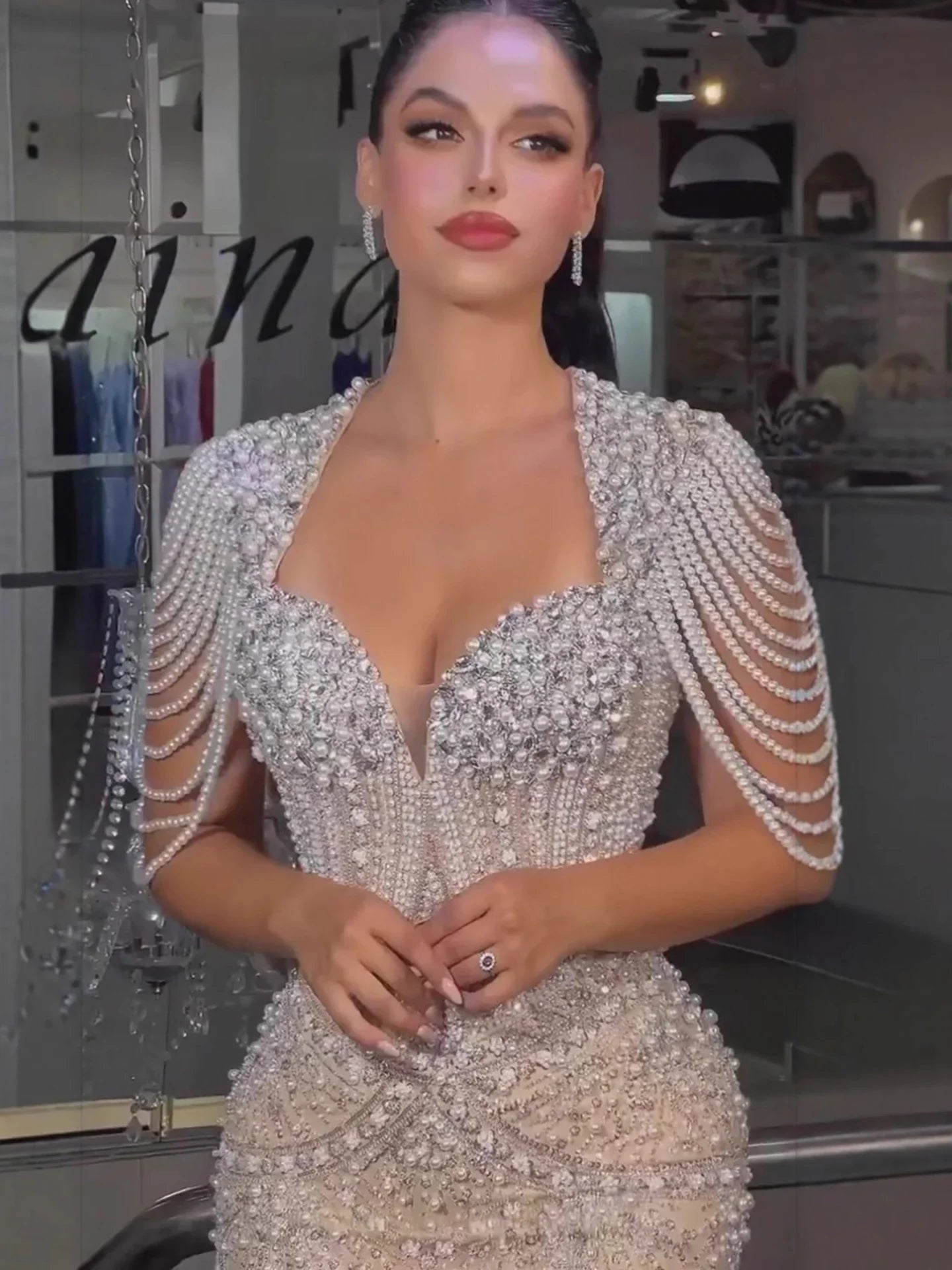 Luxury Nude Pearls Beaded Mermaid Evening Dress LA73199