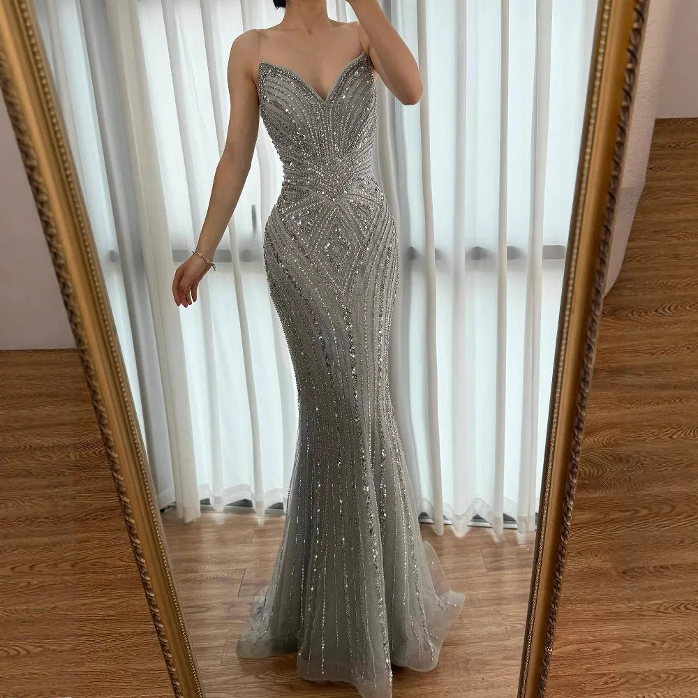 Luxury Nude V Neck Beaded Mermaid Evening Dress Sleeveless LA72981