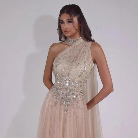 Luxury Nude  A Line One Shoulder Beaded Evening Dress LA73154