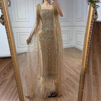 Bling Gray Mermaid Feather Arabic Midi  Evening Dress with Cape LA72334