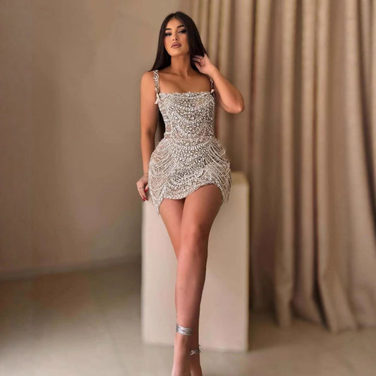 Luxury Nude Stone Strap Mini Cocktail Dress LA72983B