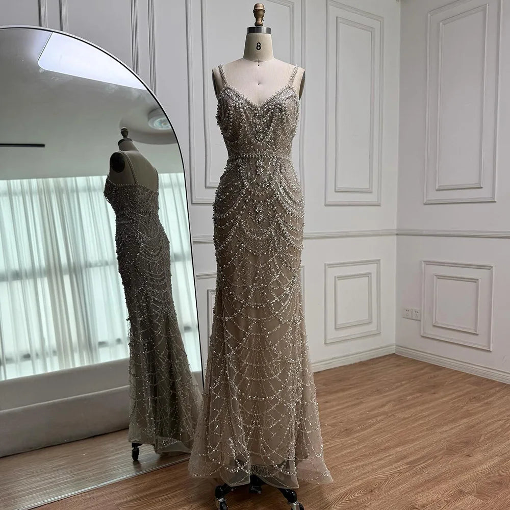 Nude Beaded Mermaid Evening Dress with Pearls LA72986A