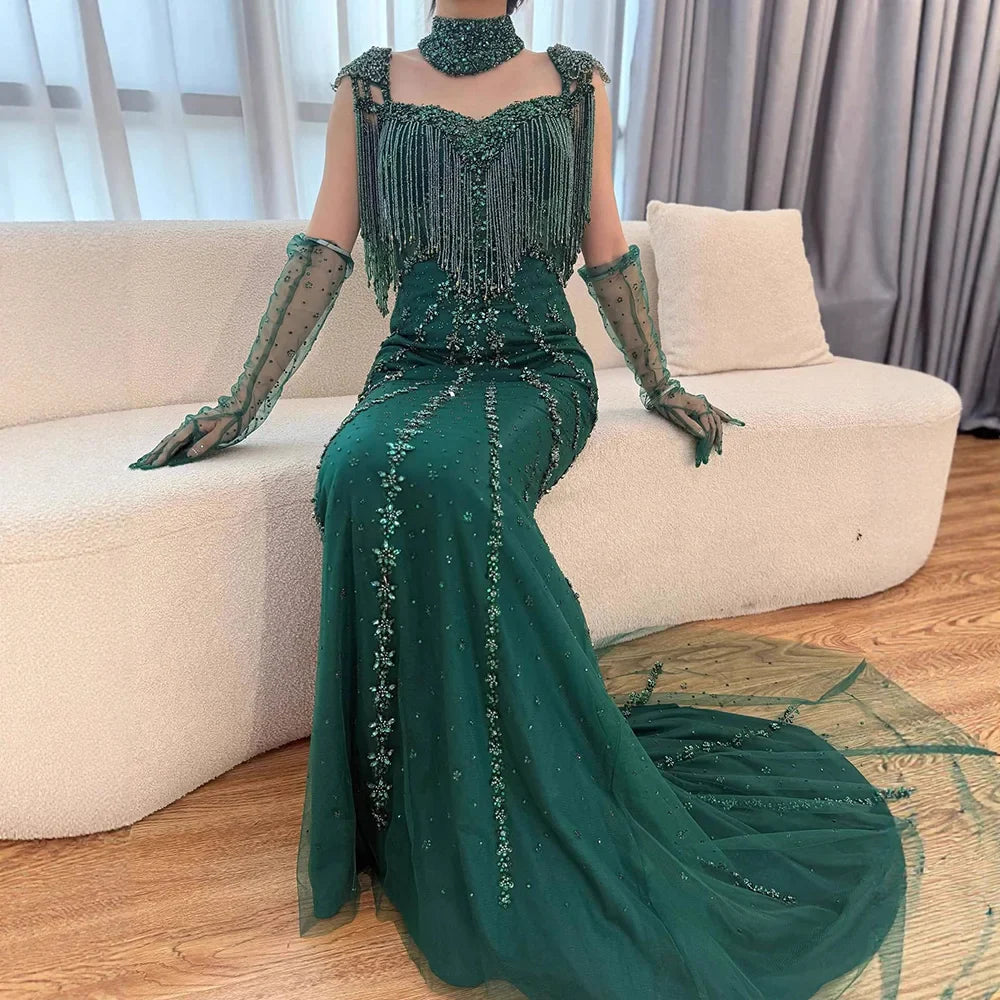 Luxury Arabic Nude Kendall Jenner Mermaid Evening Dress Beaded Tassel LA71540