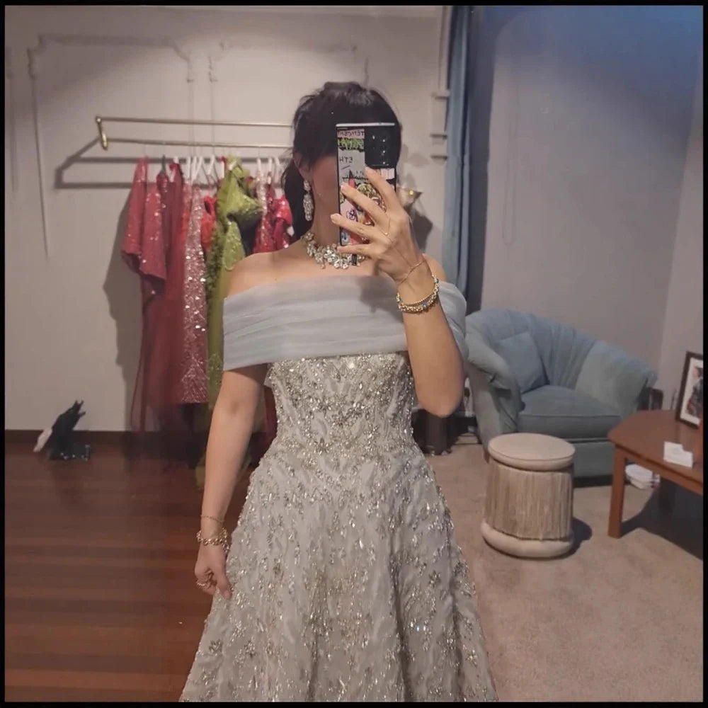 Glamorous Silver Gray Off Shoulder Beaded A-Line Evening Dress LA73062