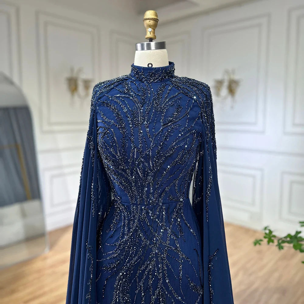 Luxury Muslim Sage Green Evening Dresses Gowns with Cape Long Sleeves LA72413A