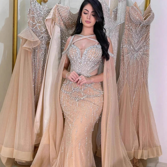 Luxury Nude Cape Sleeves Beaded Crystal Evening Dress LA72806