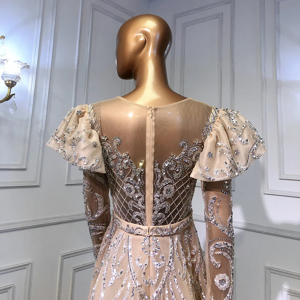 Luxury Nude Beaded Mermaid Evening Dress with Overskirt LA71352