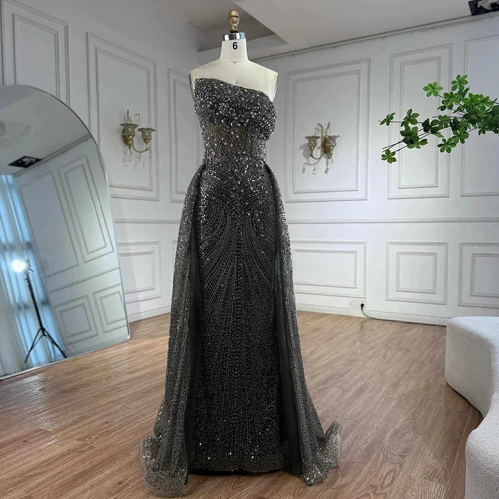 Luxury Olive Green Beaded Mermaid Evening Dress with Overskirt LA73164
