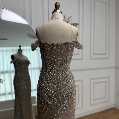 Arabic Caramel Off Shoulder Beaded Mermaid Evening Dress with Pearls LA72253C