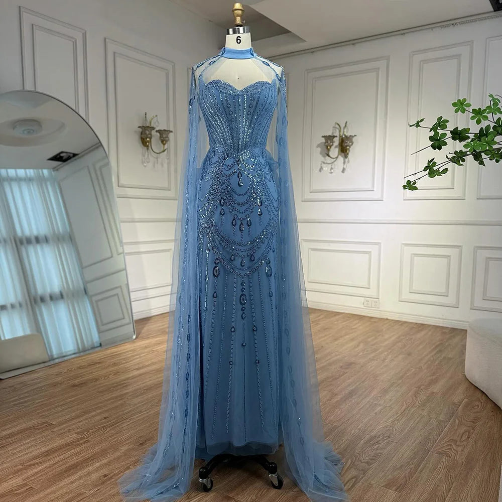 Luxury Blue Sequin Beaded Evening Dress with Cape Sleeves LA73108