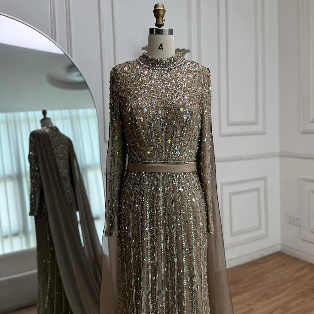 Modest Luxury Caramel Beaded Long Sleeve Evening Dress LA72569A