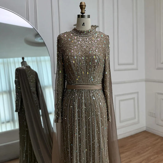 Modest Luxury Caramel Beaded Long Sleeve Evening Dress LA72569A