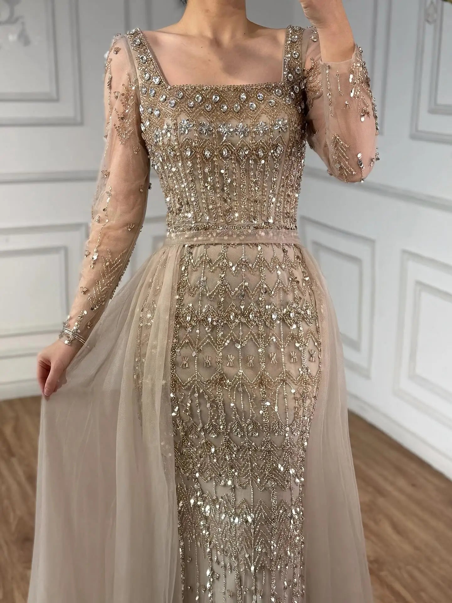 Luxury Arabic Square Neck Beaded Mermaid Evening Dress LA72714D