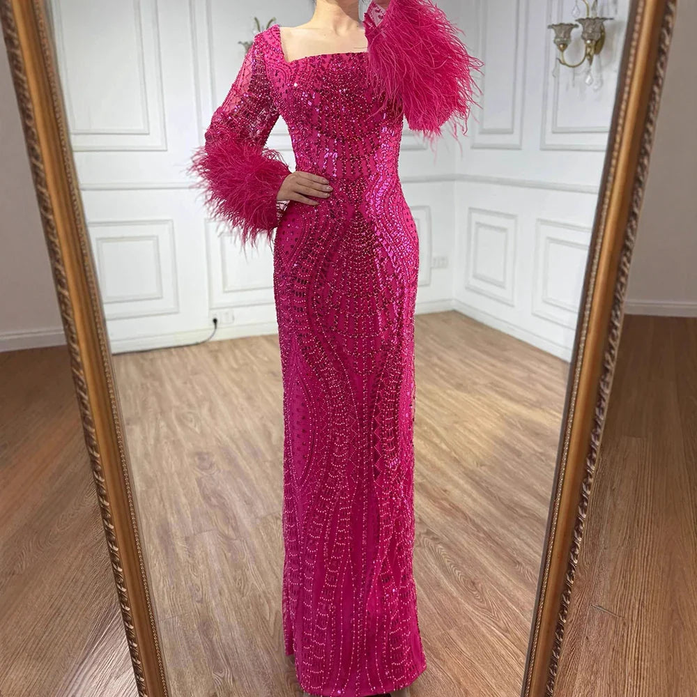 Luxury Fuchsia Dubai Evening Dress Long Sleeves with Feather LA72565