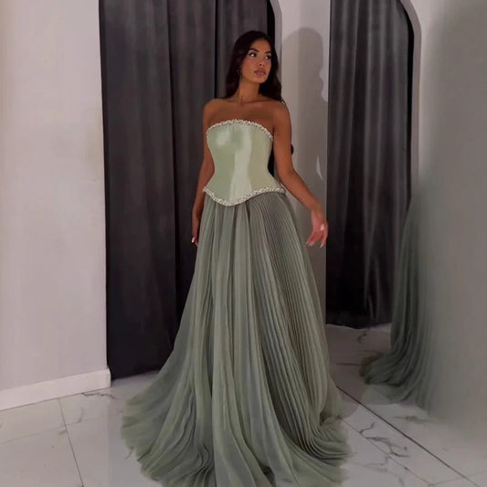 Luxury Sage Green A-Line Crystal Beaded Evening Dress LA73169A