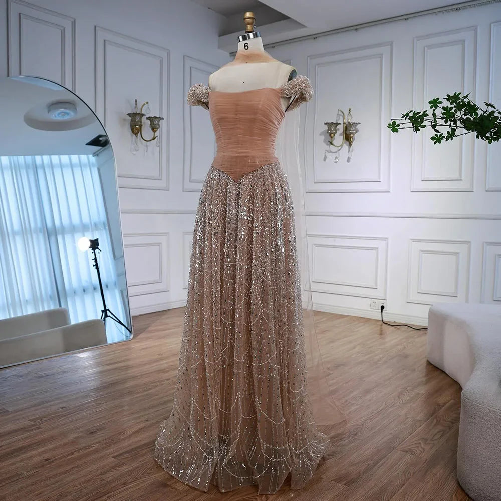 Luxury  Arabic  Pink Pearls  Evening Dress  With Cape LA72922