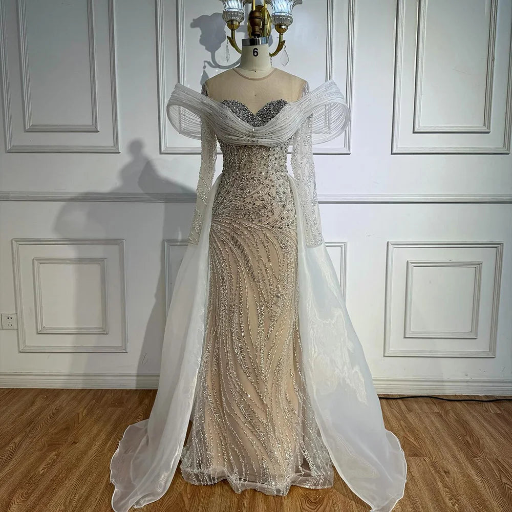 Elegant White Nude Sequin Beaded Mermaid Evening Gown LA72266C