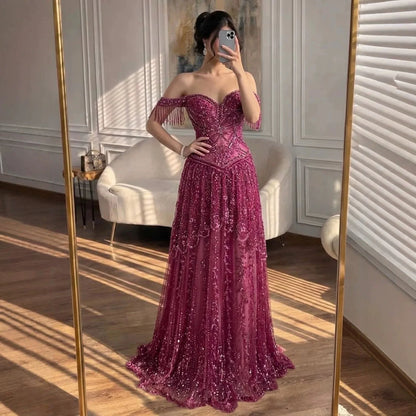 Luxury Fuchsia Beaded A-Line Evening Dress With Tassels LA73594