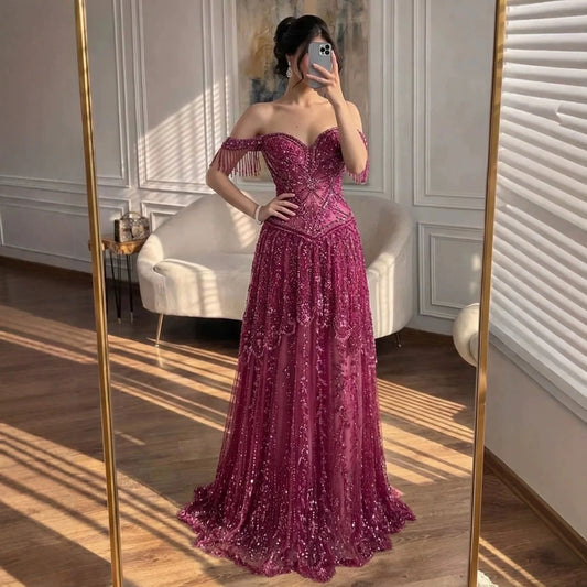 Luxury Fuchsia Beaded A-Line Evening Dress With Tassels LA73594
