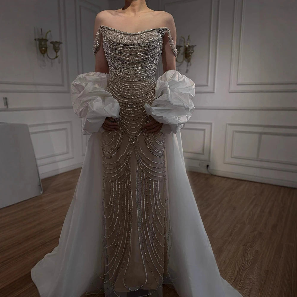 White Nude Beaded Mermaid Evening Dress with Satin Cape LA72253B