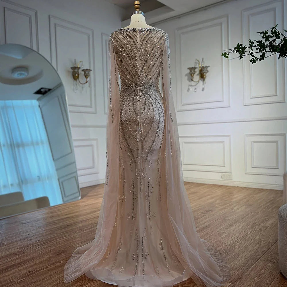 Elegant Beige Beaded Evening Dress with Cape Sleeves LA72992