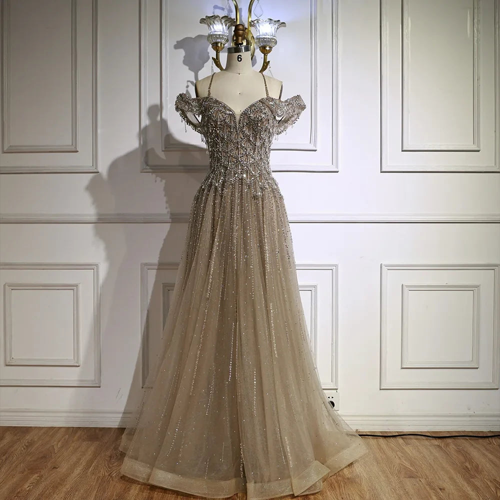Luxury Arabic Caramel Off Shoulder Beaded A Line Evening Dress LA71606