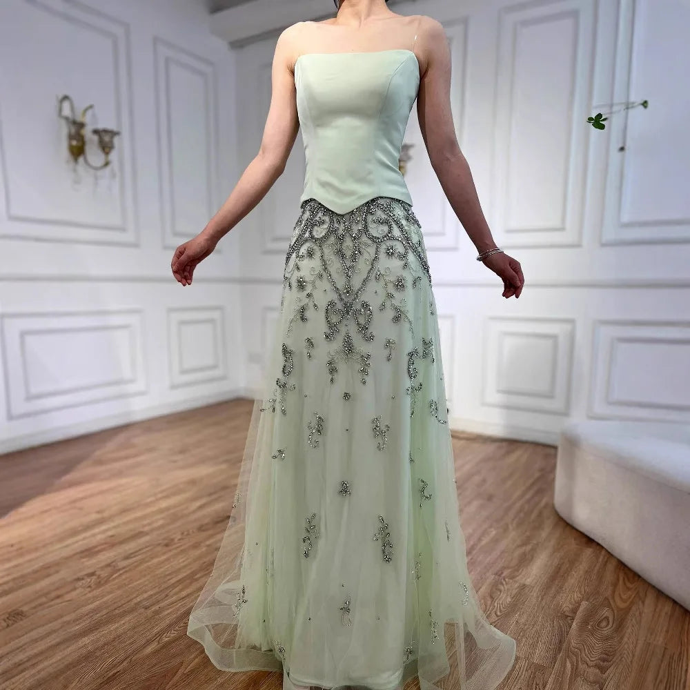 Elegant Sage Green Beaded A-Line Evening Dress Gown LA72809