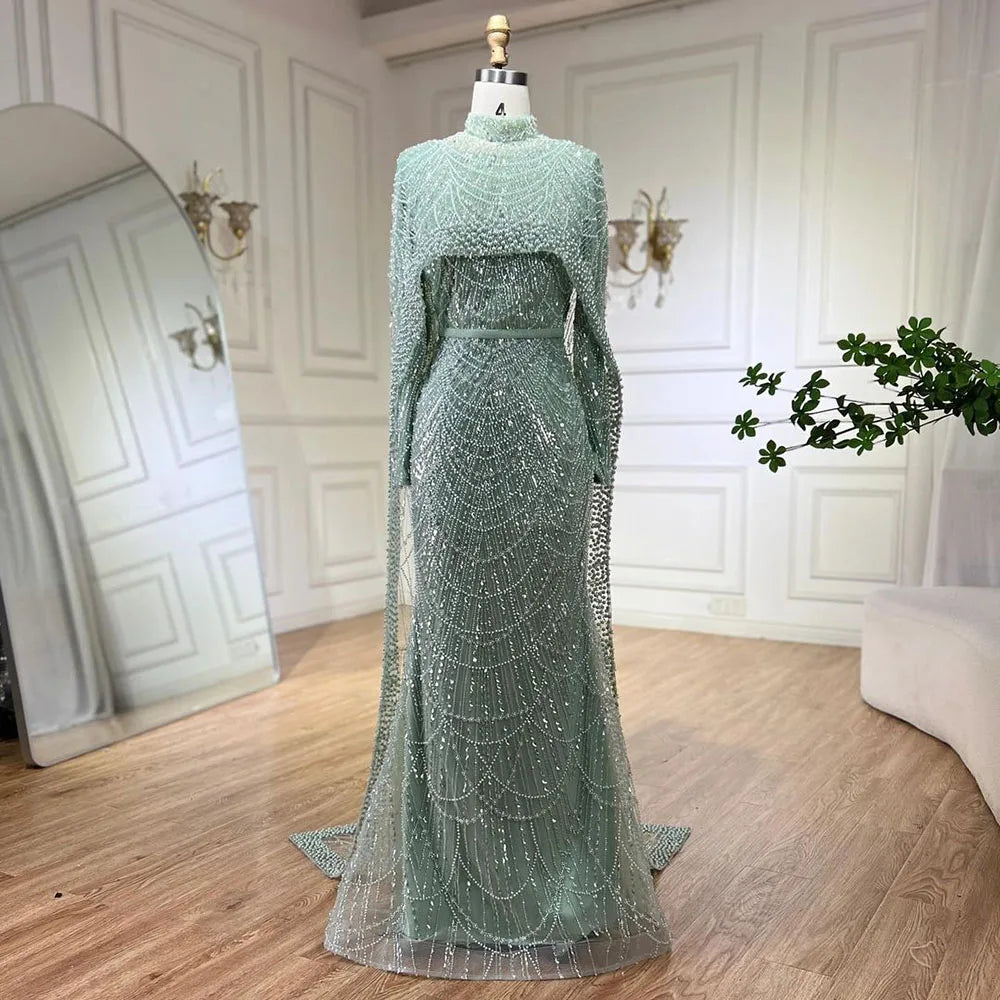 Serene Hill Muslim Nude Mermaid Long Cape Dubai Arabia Luxury Evening Dresses Gowns for Women Wedding Party 2024 LA72032