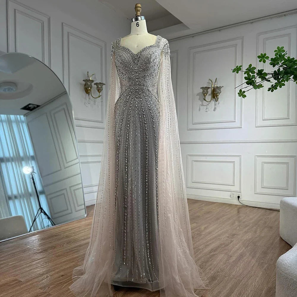 Luxury Arabic Nude Beaded Evening Dress with Cape Sleeves LA73181