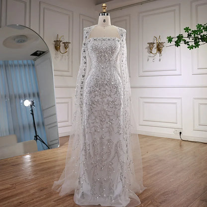 Luxury White Dubai Arabia Beading  Evening Dress With Cape LA72870