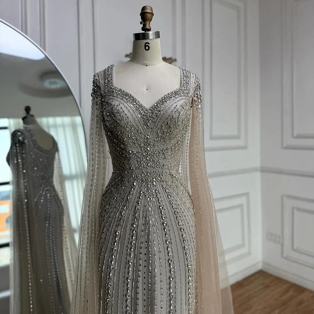 Luxury Arabic Nude Beaded Evening Dress with Cape Sleeves LA73181