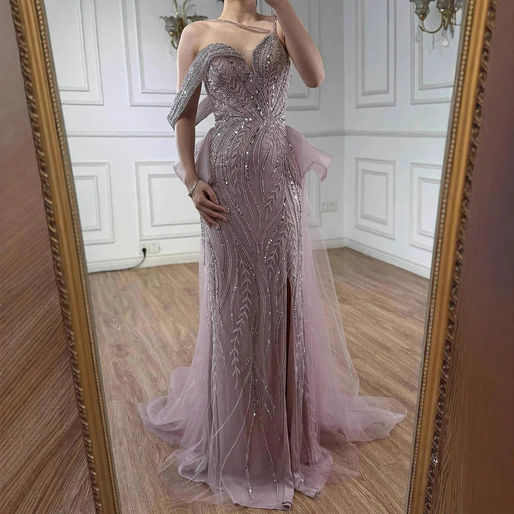 Luxury Caramel Beaded Mermaid Evening Gown with Overskirt Split LA72890