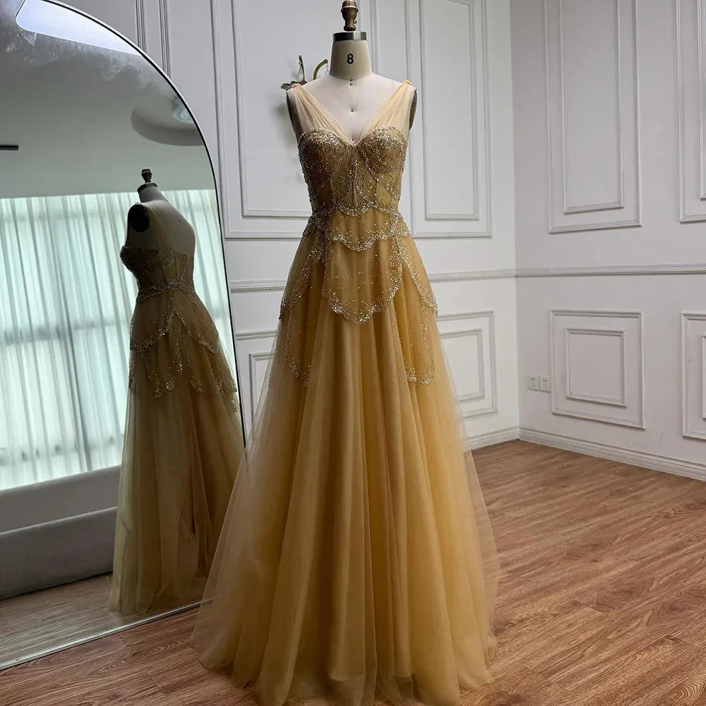 Luxury Sage Green Beaded A-Line Off Shoulder Evening Dress LA72605
