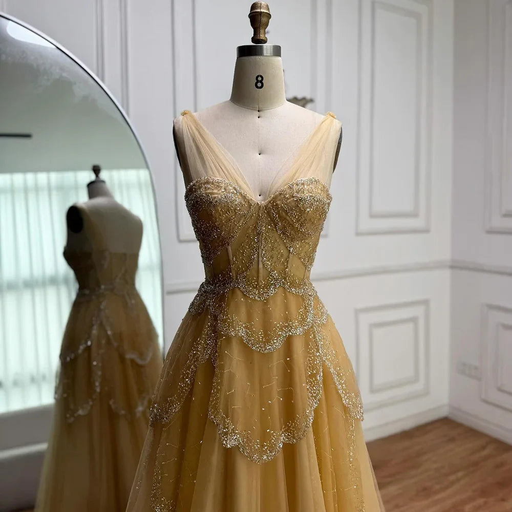 Luxury Sage Green Beaded A-Line Off Shoulder Evening Dress LA72605