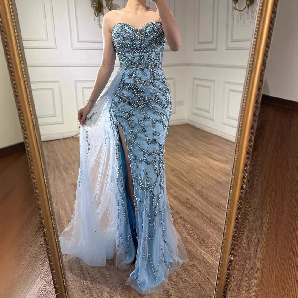 Luxury Saudi Arabic Blue Beaded Evening Dress with Slit LA72877