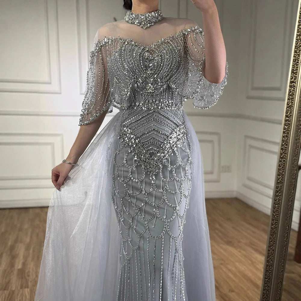 Luxury Gray Beaded Evening Dress with Overskirt LA73129