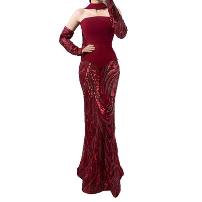 Luxury Wine Red Mermaid Evening Dress With Gloves LA73050E