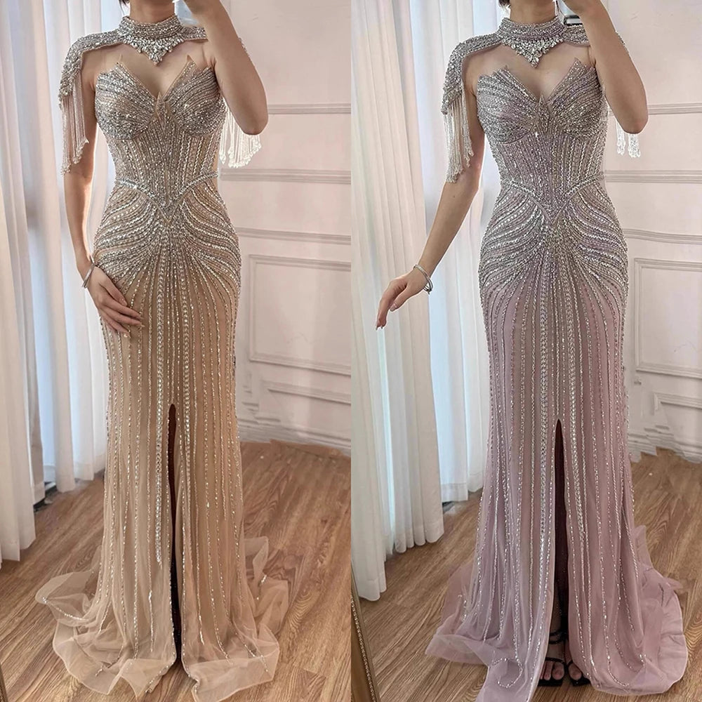 שמלת ערב בצבע גוף בתולת ים עם גדילים גבוהים וניתנים להסרה LA72891A 