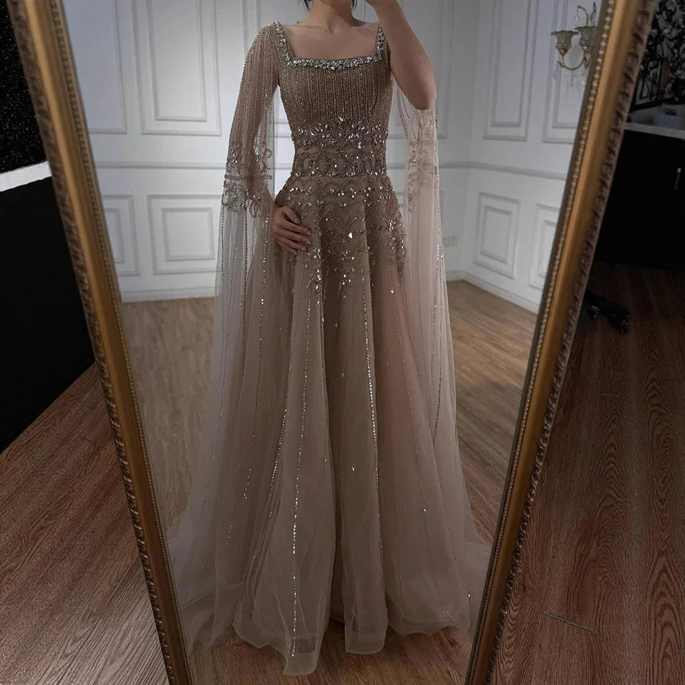 Luxury Caramel A-Line Beaded Evening Dress with Cape Sleeves LA73089A