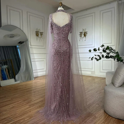 Pink Mermaid Luxury Beaded Evening Gown with Cape Sleeves LA72921