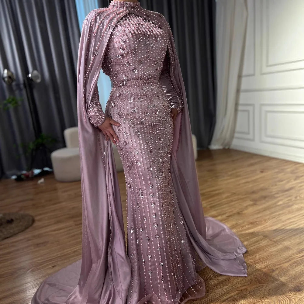Luxury Blue Muslim Mermaid Beaded Evening Gowns with Cape Sleeves LA72533