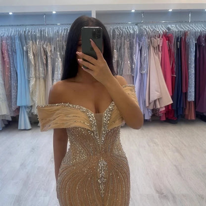 Luxury Saudi Arabic Gold Luxury Crystal Beaded Mermaid Evening Dress LA73142A