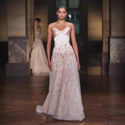 Luxury Nude Pink Strapless Beaded A-Line Evening Dress LA73396