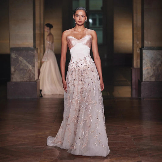 Luxury Nude Pink Strapless Beaded A-Line Evening Dress LA73396