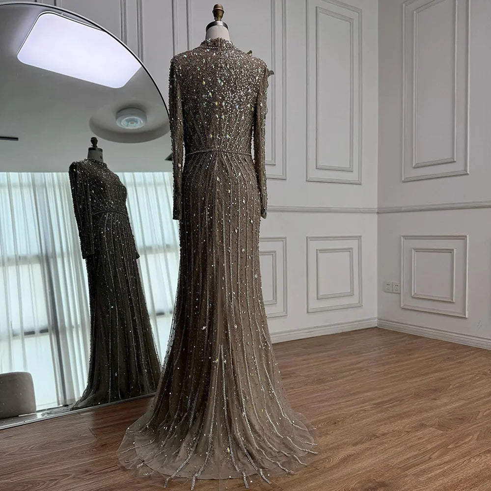 Modest Luxury Caramel Beaded Long Sleeve Evening Dress LA72569A