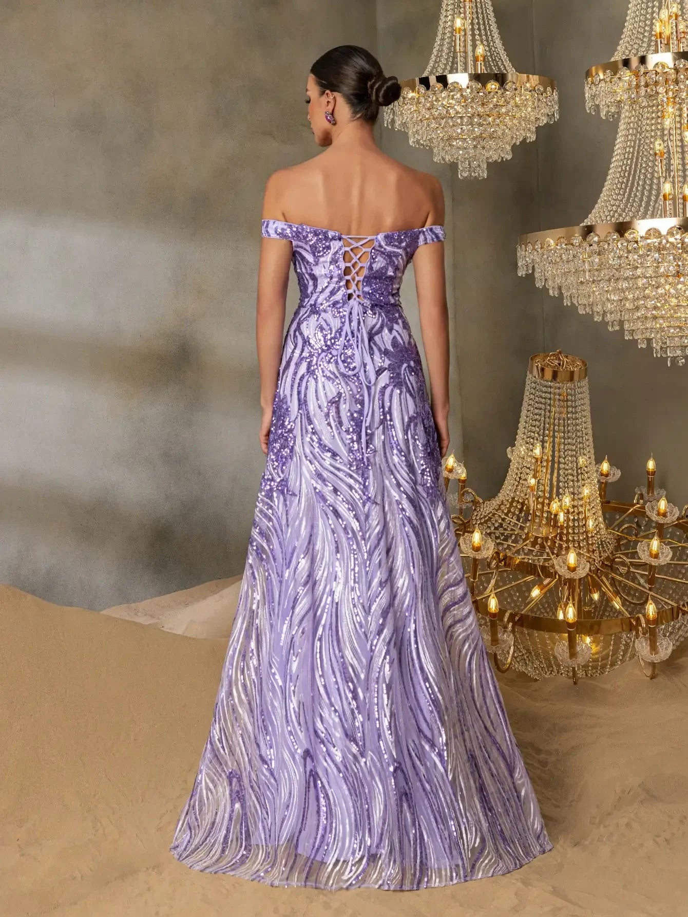 Luxury Lilac Sequin A-Line Evening Dress Off-Shoulder LA73261