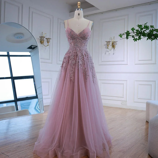 Luxury Pink Tulle A Line Prom Dress with Appliques LA73009